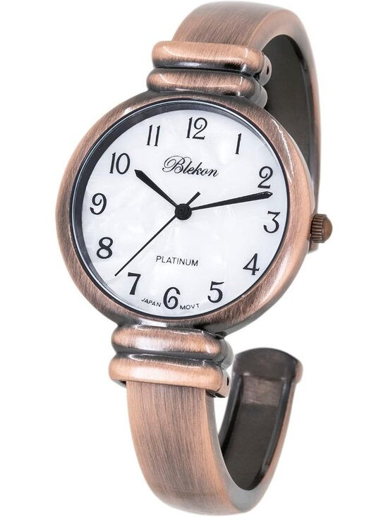 Women\'s Copper Analog Quartz Metal hinged Bangle Pearl Cuff Bracelet Wrist Watch main image 4